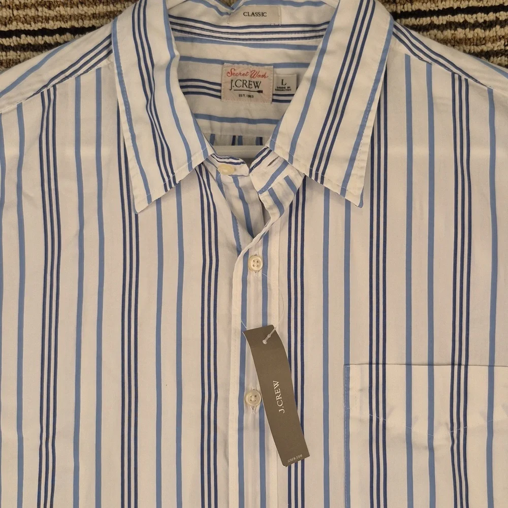 J CREW Secret Wash White Blue Striped Cotton Mens Large Short Sleeve Shirt NEW - Picture 6 of 9